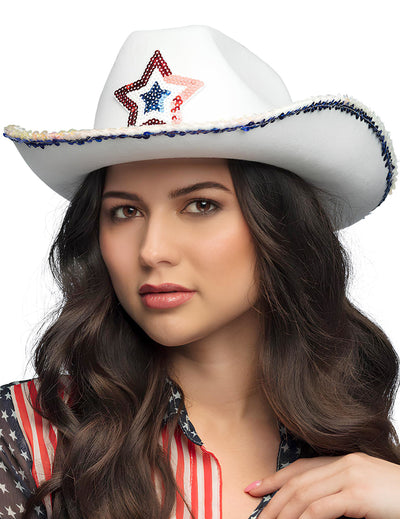 Chapeau de cowboy USA pour adulte blanc avec étoile à paillettes