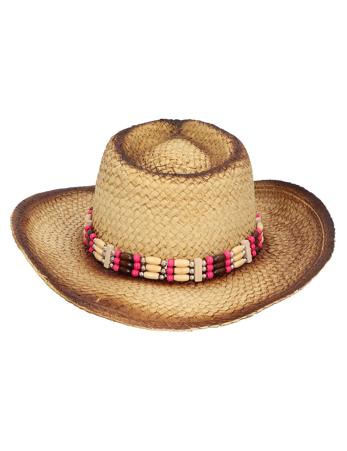 Vue de dessus du chapeau cowboy pour adulte en paille avec perles roses et blanches