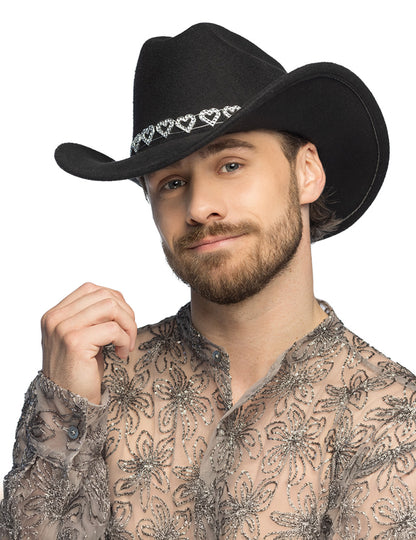 Fekete cowboy kalap csillogó szívekkel, felnőtteknek 