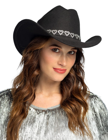 Fekete cowboy kalap csillogó szívekkel, felnőtteknek 