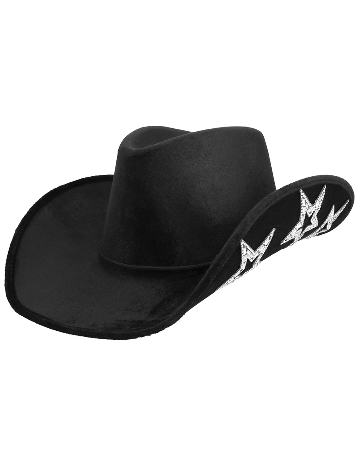 Vue de trois-quart du chapeau de cowboy noir avec étoiles argentées pour adulte