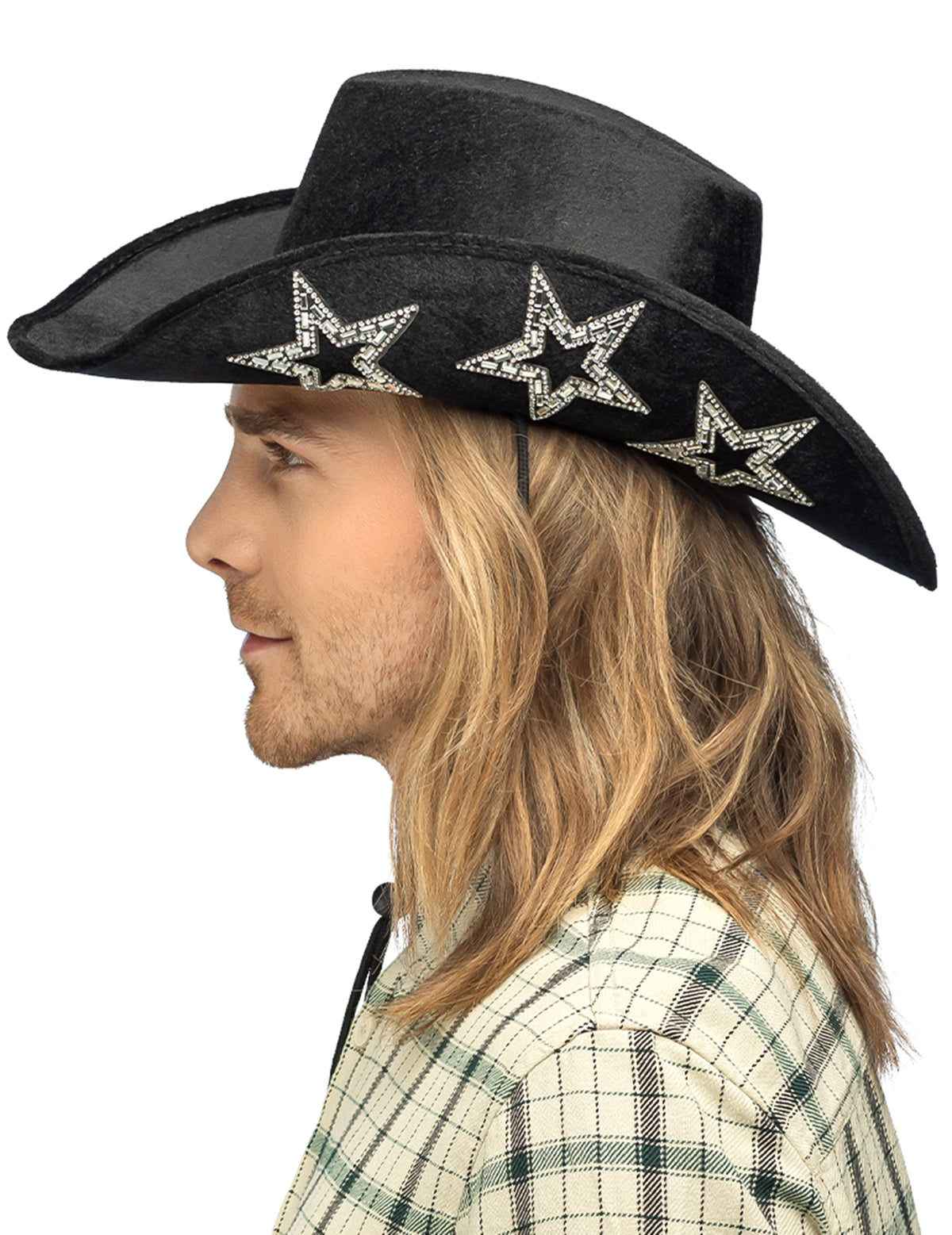 Vue de profil du chapeau de cowboy noir avec étoiles argentées pour adulte