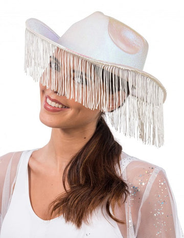 Fehér irizáló cowboy kalap felnőtt rojtokkal