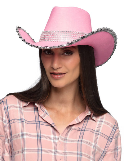 Chapeau de cowboy rose clair à strass pour adulte avec bordure argentée scintillante