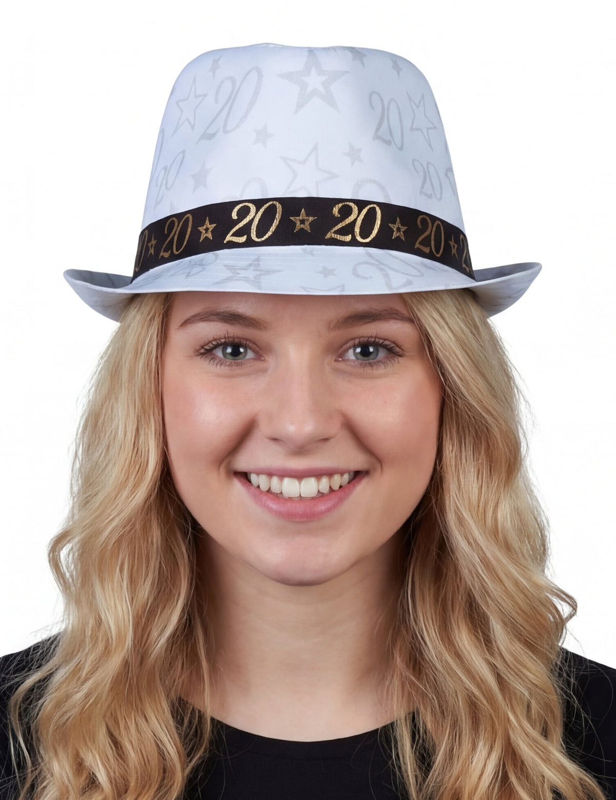 Chapeau de gangster 20 ans pour adulte blanc avec bandeau noir et doré