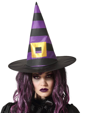 Lila és fekete csíkos boszorkány kalap