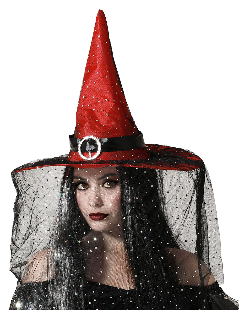 Chapeau de sorcière pour femme rouge avec voile noir et paillettes