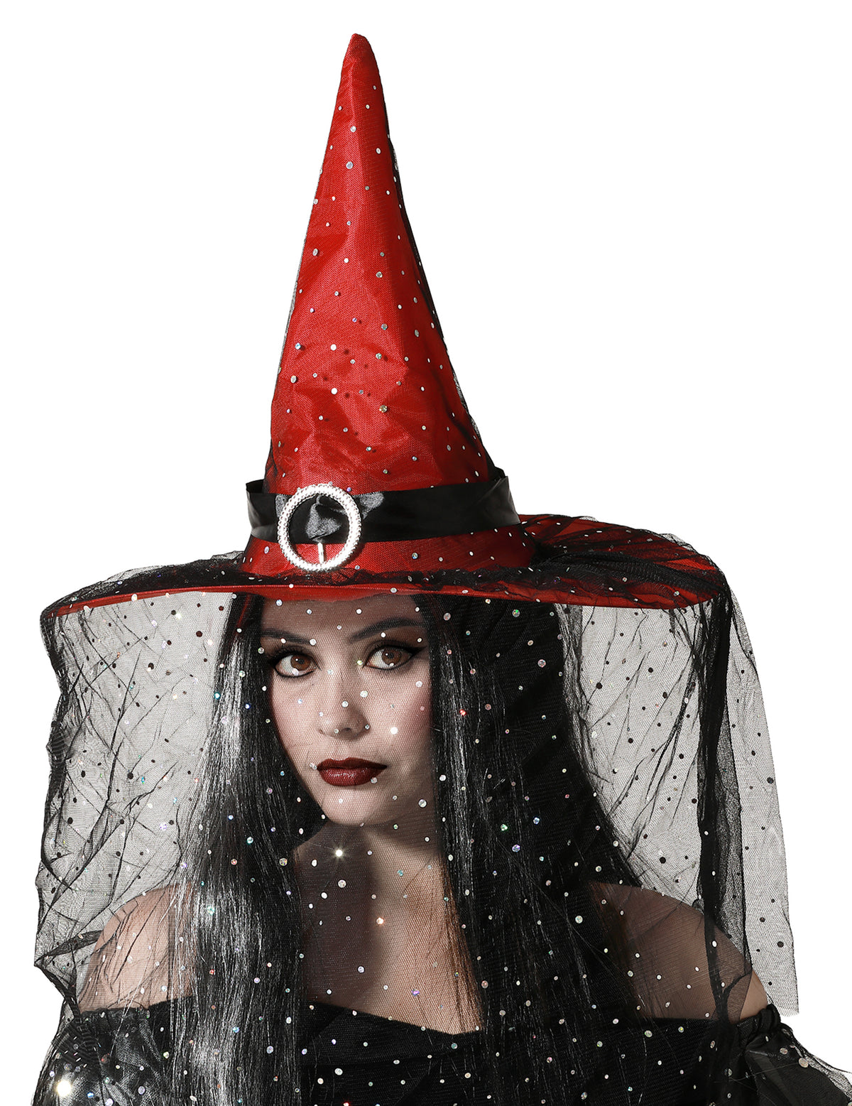 Chapeau de sorcière pour femme rouge avec voile noir et paillettes
