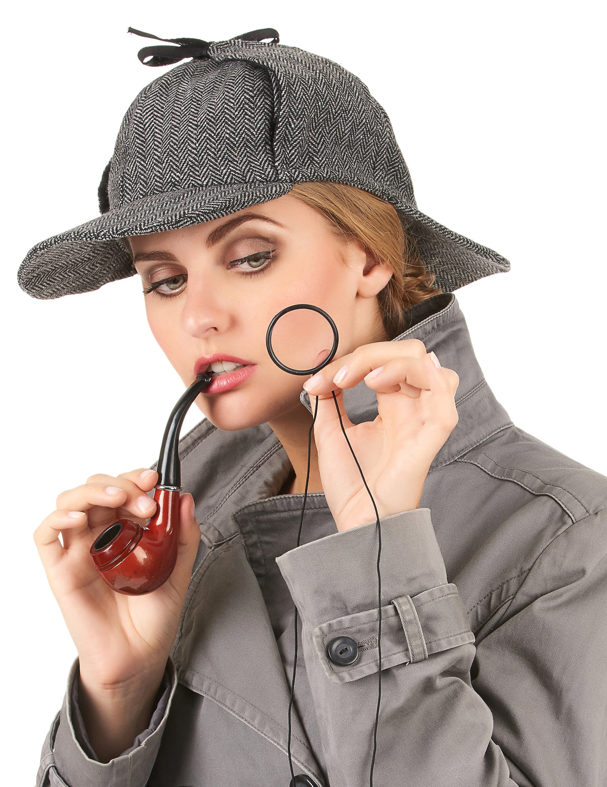 Vue de face avec accessoires du chapeau détective anglais pour adulte