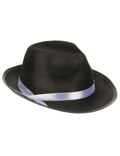 Chapeau gangster pour adulte noir avec ruban blanc satiné