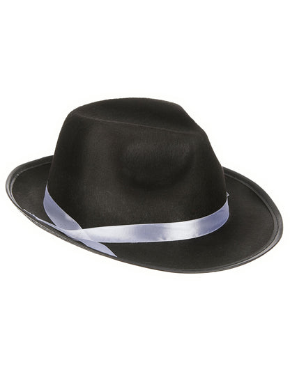 Chapeau gangster pour adulte noir avec ruban blanc satiné