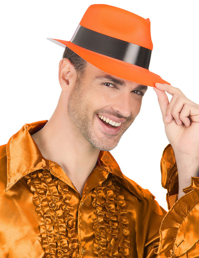Chapeau gangster pour adulte orange fluo avec ruban noir