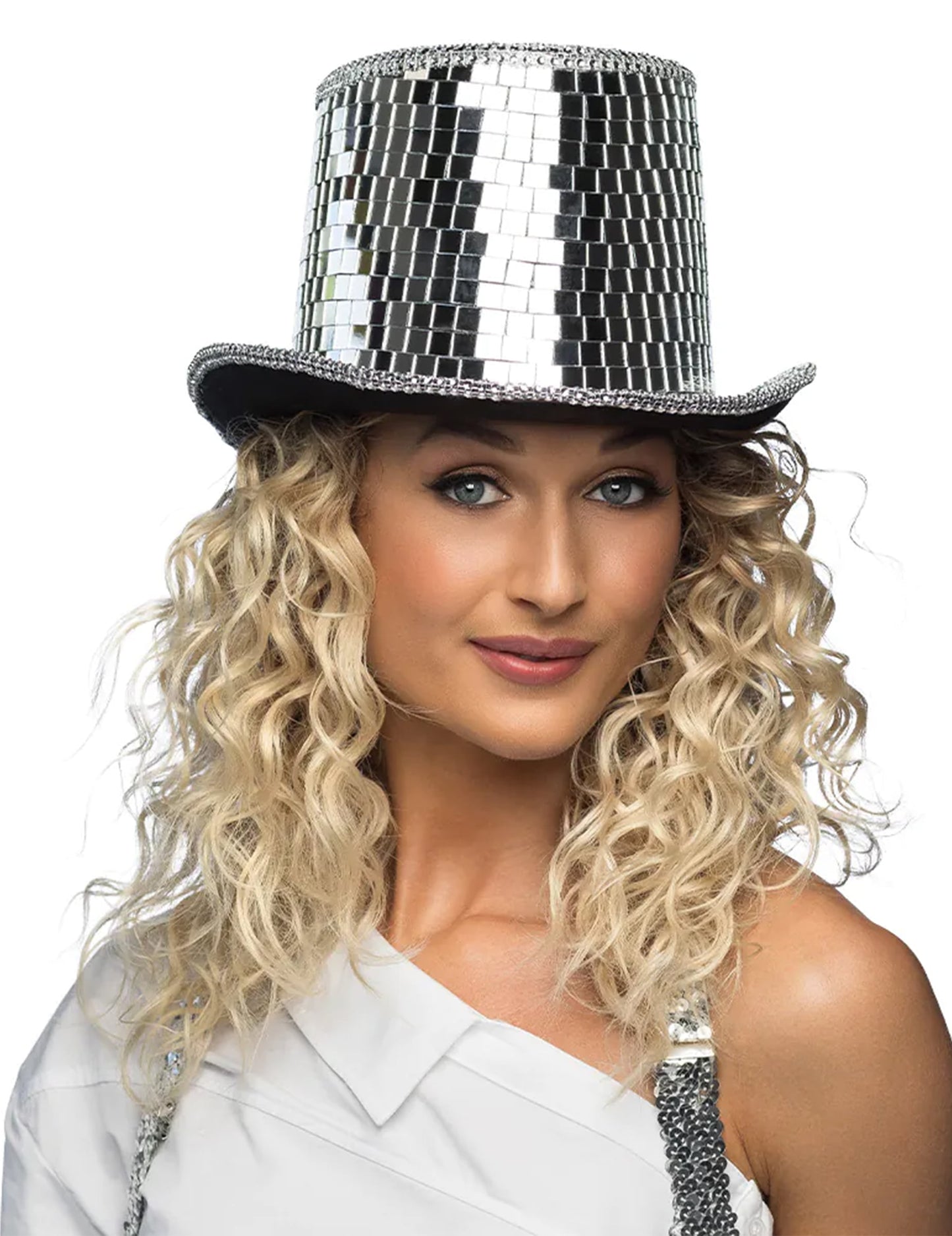 Chapeau haut de forme disco à facettes pour adulte argenté effet miroir