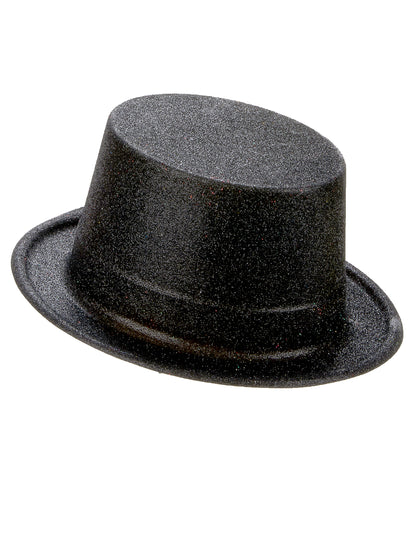 Vue de profil du chapeau haut de forme pour adulte noir en plastique pailleté