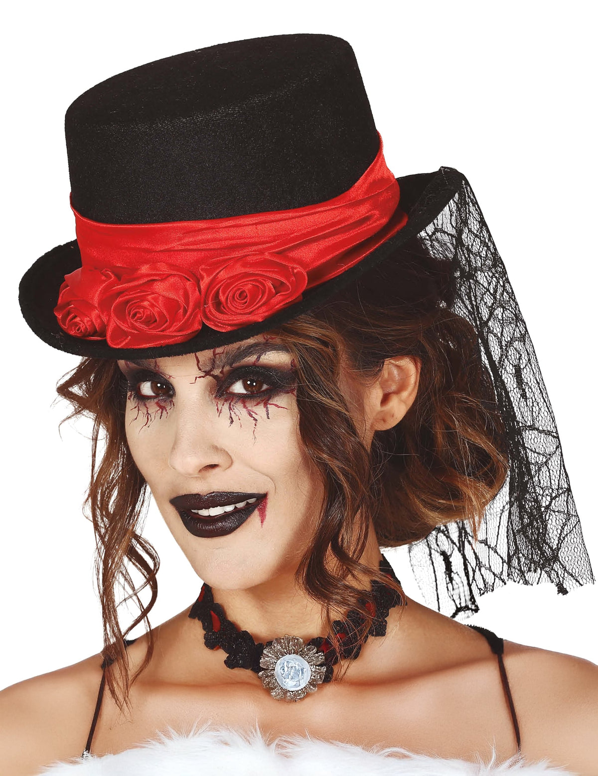 Chapeau haut de forme vampire pour femme noir et rouge avec roses et voile en dentelle
