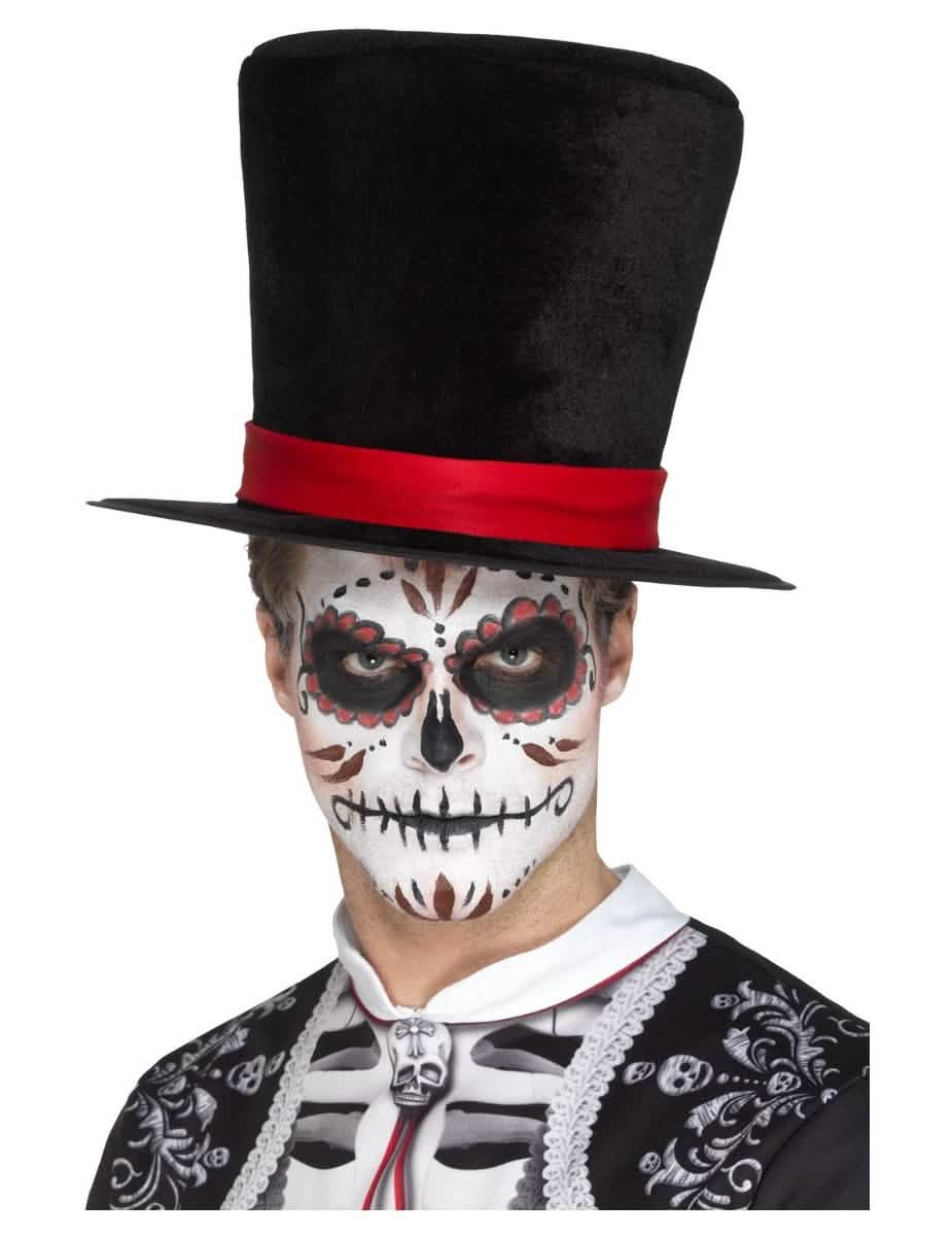 cilinder velúrból készült Dia de los Muertos felnőtt fekete piros szalaggal