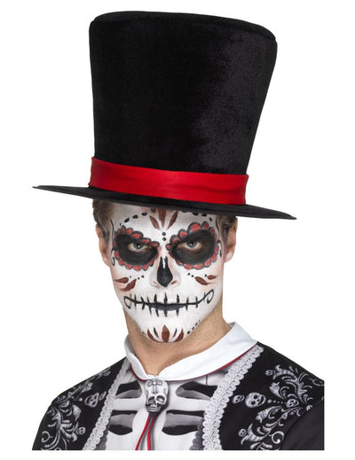 Chapeau haut de forme velour Dia de los Muertos pour adulte noir avec ruban rouge