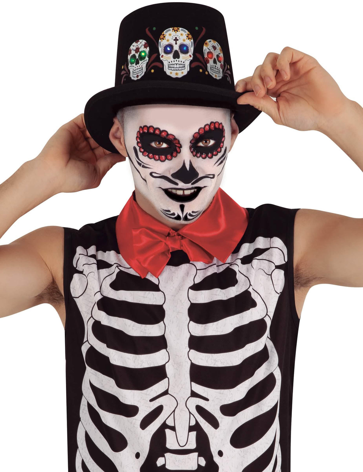 Világító Dia de los muertos felnőtt fekete kalap koponyákkal