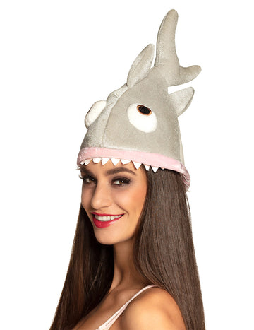Chapeau petit requin en peluche pour adulte gris avec dents blanches et bordure rose
