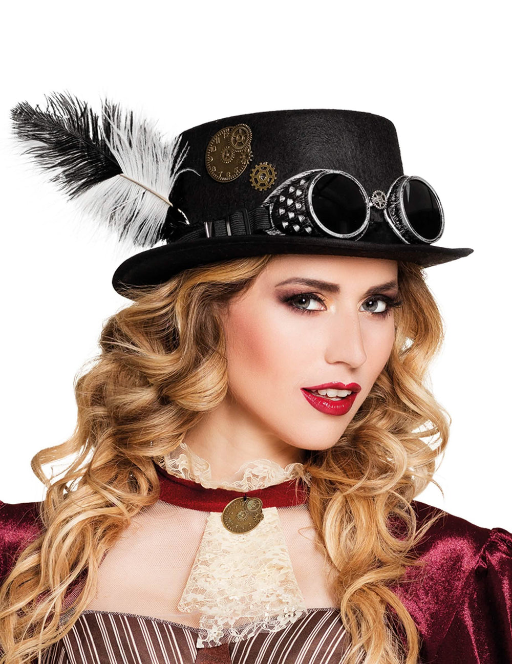 Steampunk felnőtt fekete kalap fogaskerekekkel és tollakkal