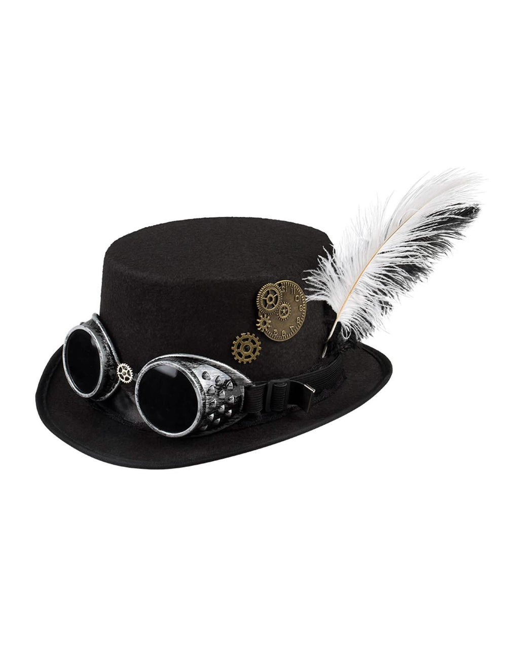 Háromnegyedes nézet fogaskerekekkel és steampunk kalap tollakkal