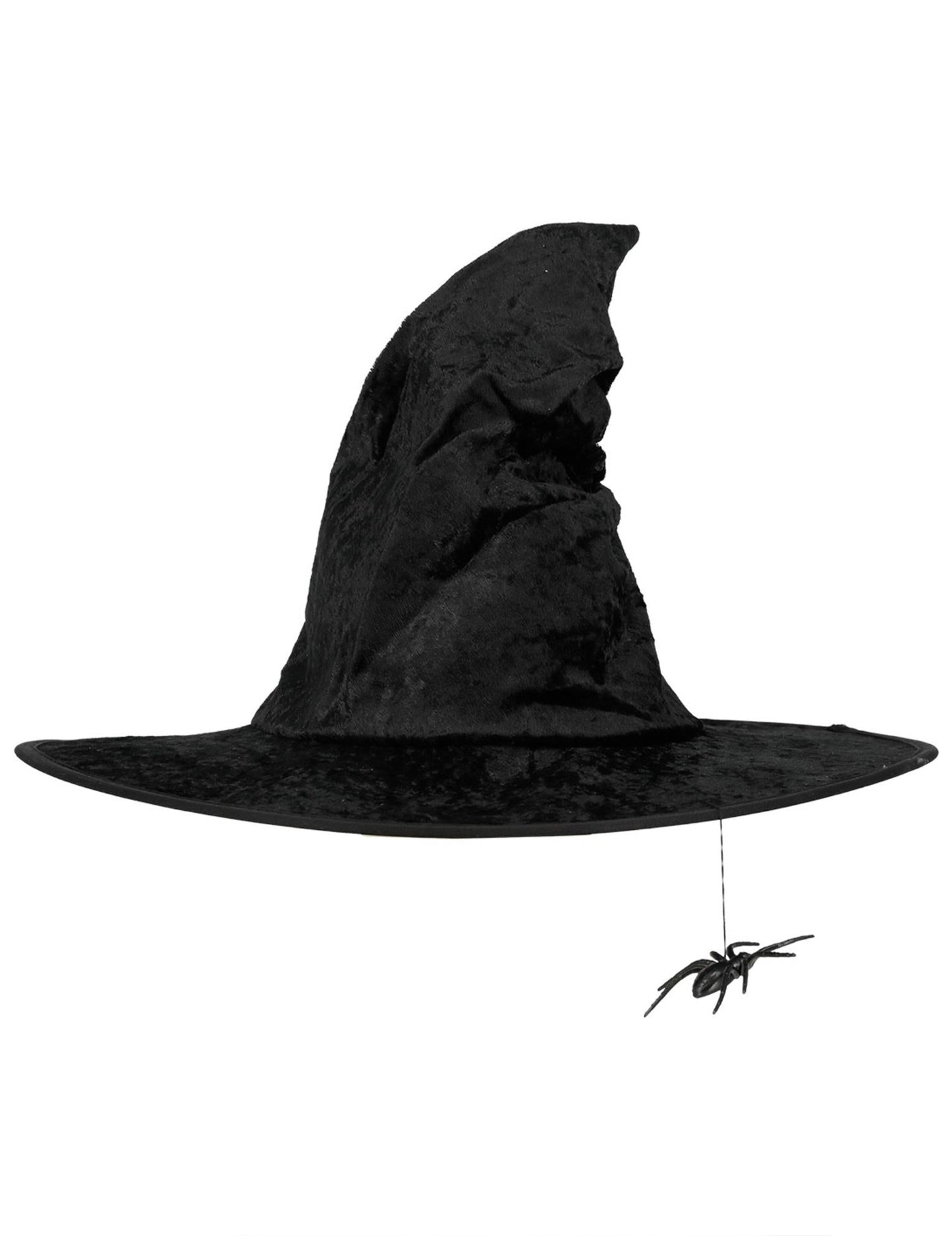 A fekete női boszorkánykalap lógó pókkal profilnézete