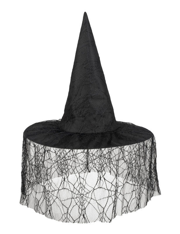 Vue de face du chapeau de sorcière pour femme noir avec voile araignée