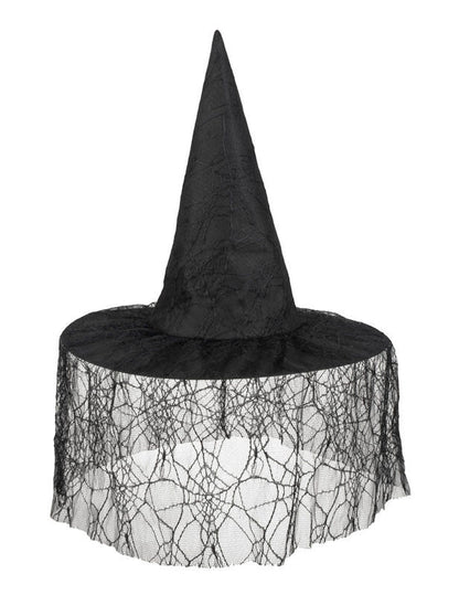 Vue de face du chapeau de sorcière pour femme noir avec voile araignée