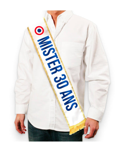 Écharpe d'anniversaire Mister 30 ans pour homme blanche tricolore avec bordure dorée