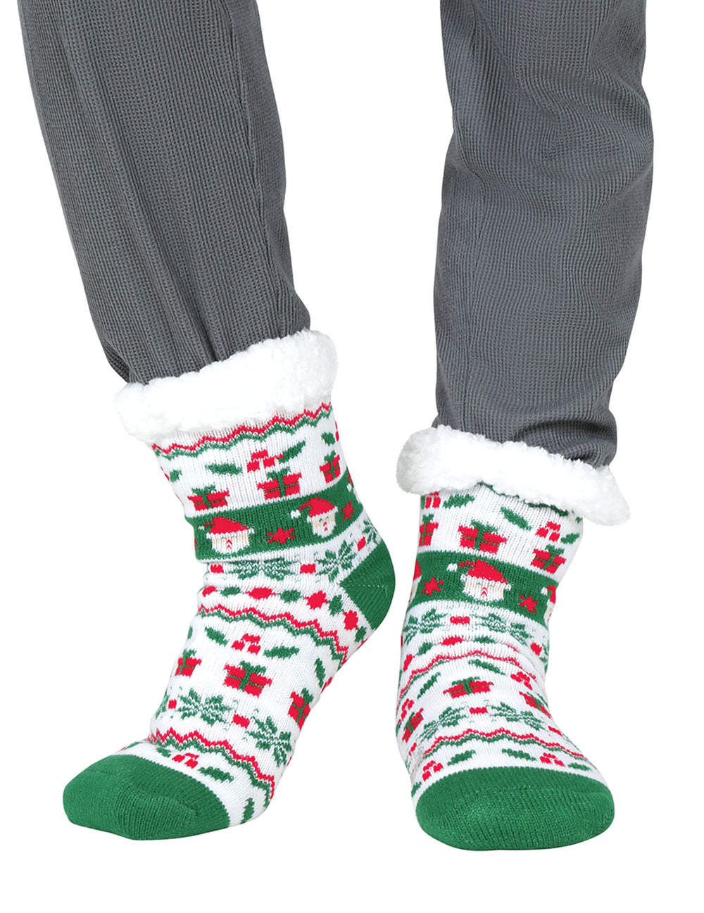 Chaussettes thermiques de Noël pour adulte blanches et vertes à motifs cadeaux et revers en moumoute blanche