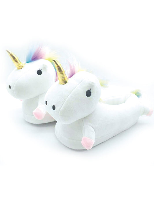 Chaussons licornes pour adulte blancs avec corne dorée et crinière arc-en-ciel