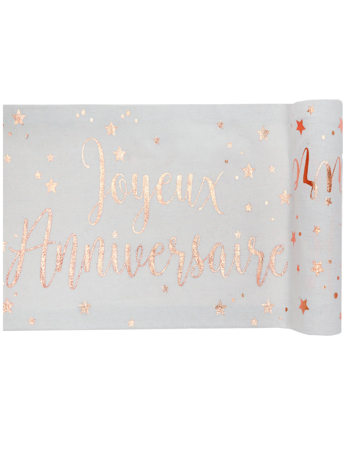 Chemin de table en coton anniversaire pour fête rose gold avec inscription Joyeux Anniversaire et étoiles