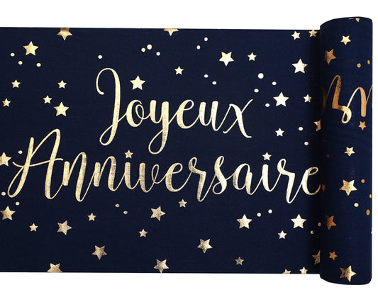 Chemin de table coton Joyeux anniversaire bleu marine et or avec étoiles