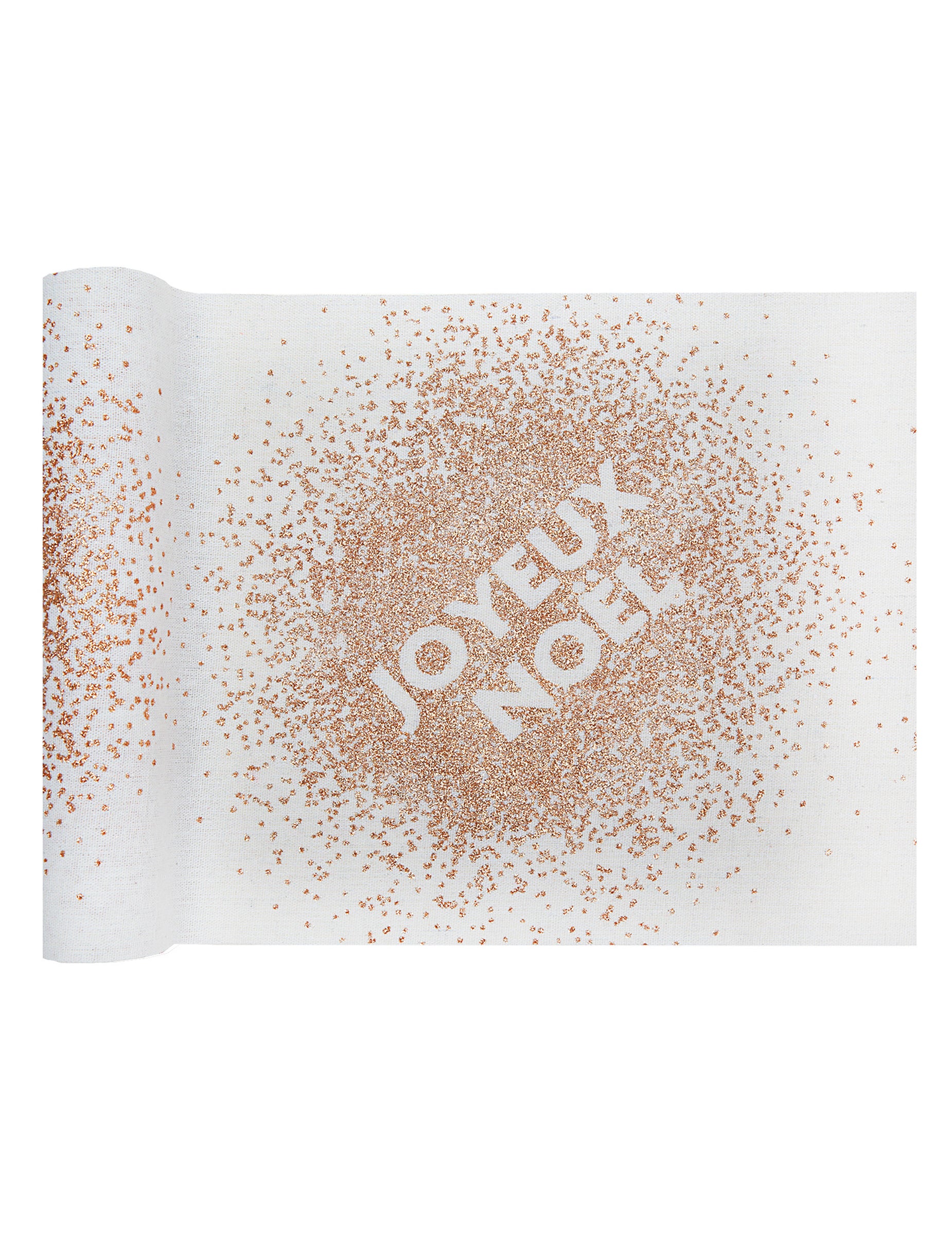 Chemin de table Joyeux Noël en coton blanc et paillettes rose gold