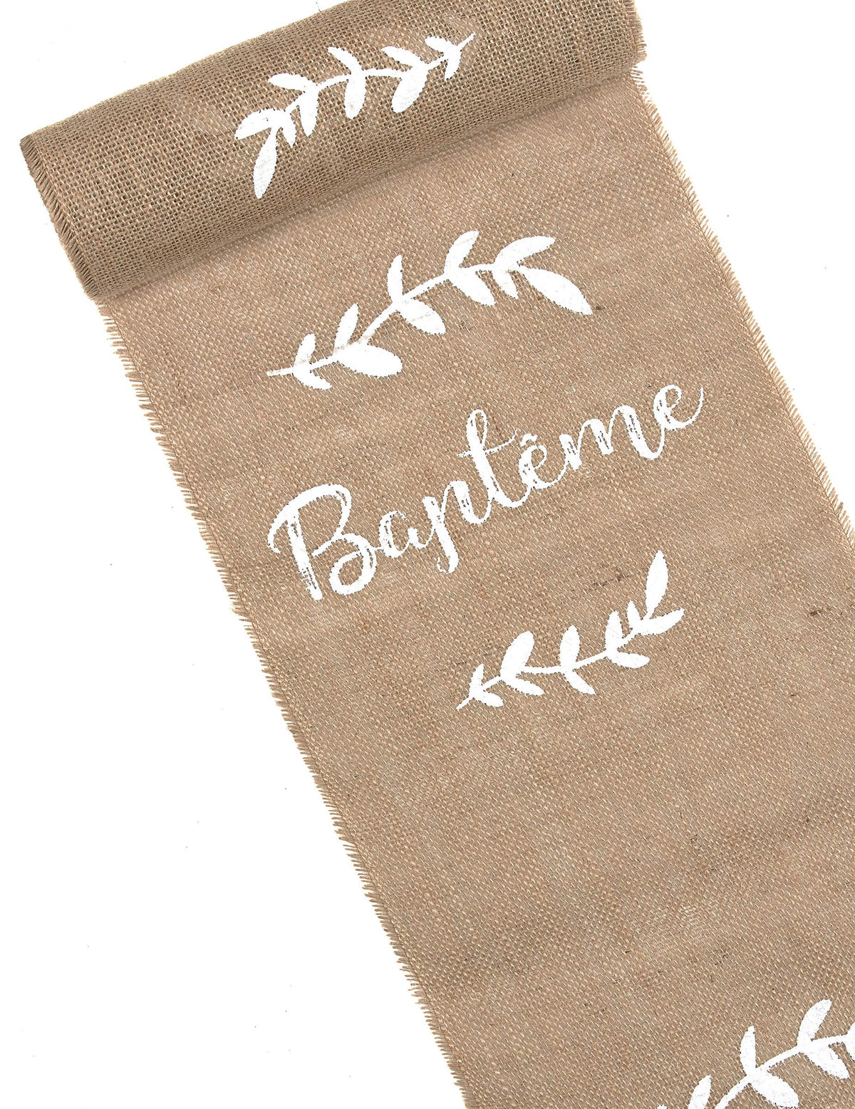 Chemin de table baptême et feuillages pour fête en toile de jute naturel et blanc
