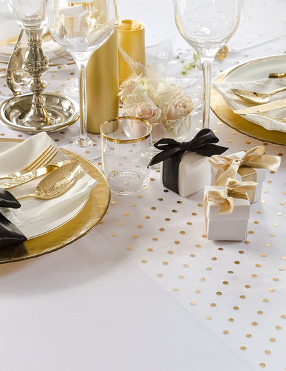 Chemin de table en organza blanc avec pois doré métallisé 36 cm x 9 m