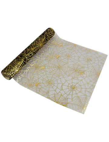Fekete organza asztali futó arany pókháló mintával 29 cm x 5m sikkes halloween
