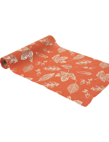 28"-os terrakotta és arany őszi levelek mintás sifon asztali futó cm 3 méter