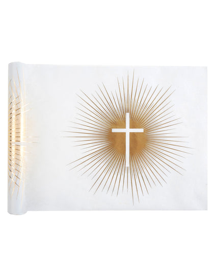 Chemin de table intissé de cérémonie blanc et doré avec croix