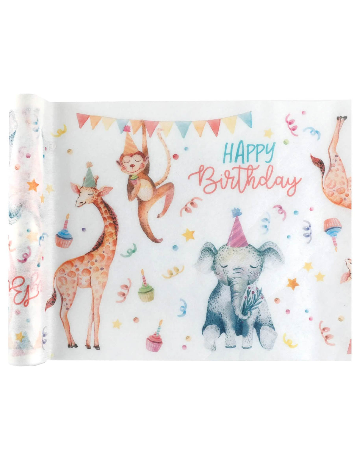 asztaldísz szafari partyhoz születésnapra fehérrel, állatokkal és Happy Birthday-kel