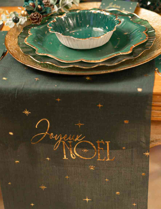 Időtlen Joyeux Noël asztali futó, angolzöld és arany, 28 cm x 3 m