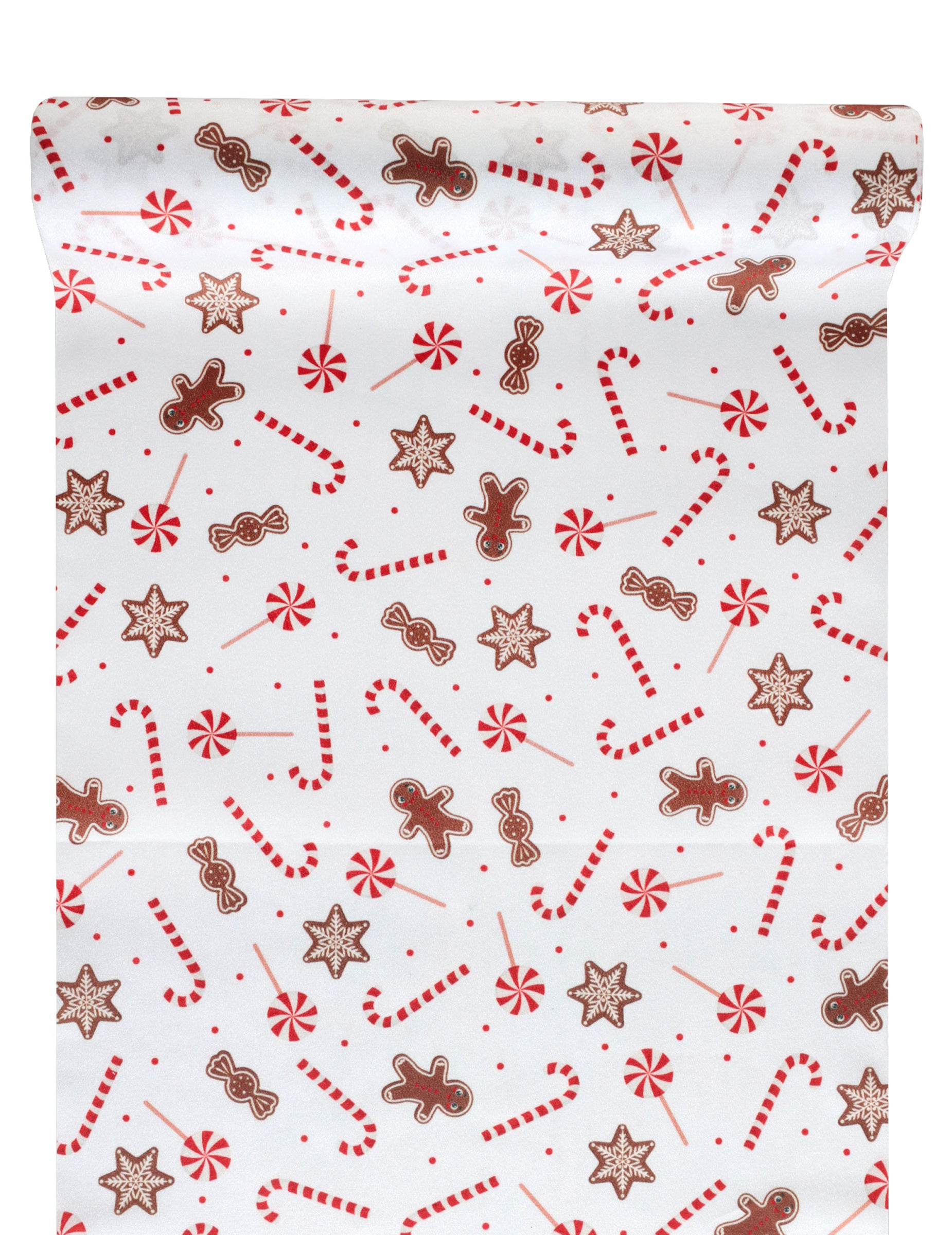 Chemin de table gourmandises de Noël blanc festif avec motifs sucres d'orge et bonhommes de pain d'épice