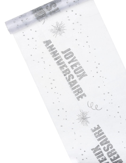 Chemin de table organza Joyeux anniversaire argent pailleté