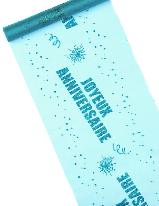 Chemin de table organza joyeux anniversaire turquoise à paillettes