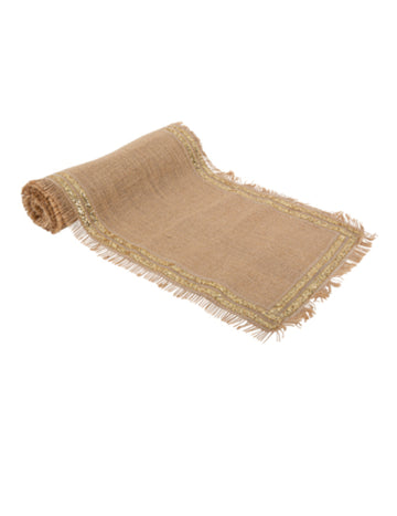 Chemin de table toile de jute effilée pour mariage avec double liseré paillettes or