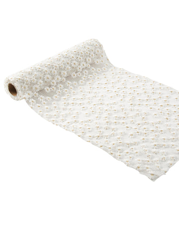 Hímzett fehér és arany voile asztali futó, 24cm x 3m, virágokkal