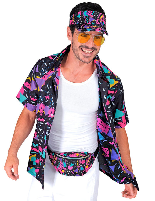 Chemise à motifs années 90 pour adulte noire avec motifs géométriques colorés