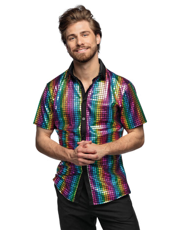 Chemise boule à facettes disco pour homme arc en ciel brillante