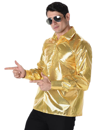Vue de profil de la chemise disco pour homme à sequins dorés