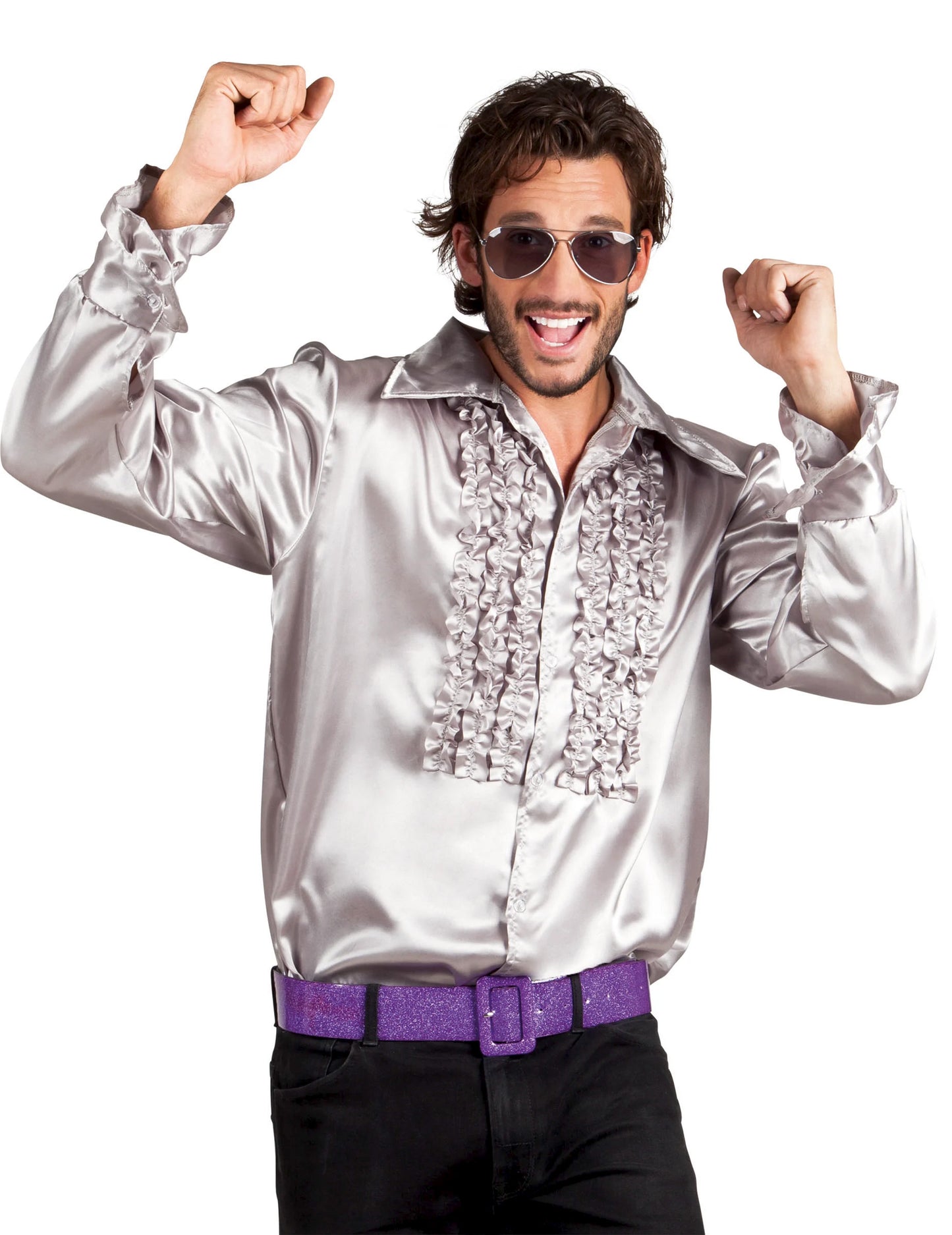 Chemise disco pour homme argentée satinée avec jabot